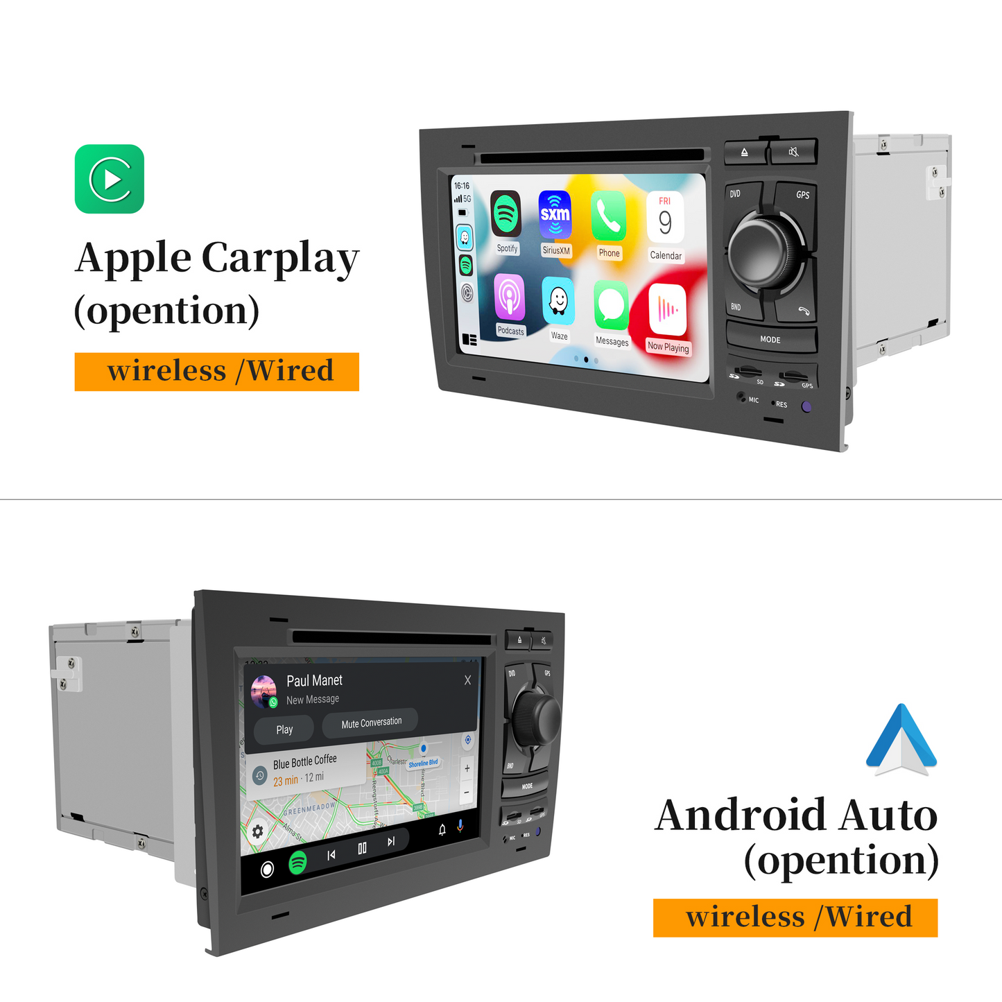 Wit-Up Audi A4 Head Unit Upgrade Double Din Dash Kit B6 B7 7'' 2002-2008 Radio Apple Carplay Touch Screen Replacement Android Auto Stereo With BT DVD YouTube Video Google Maps Navigation 4G Wi-Fi