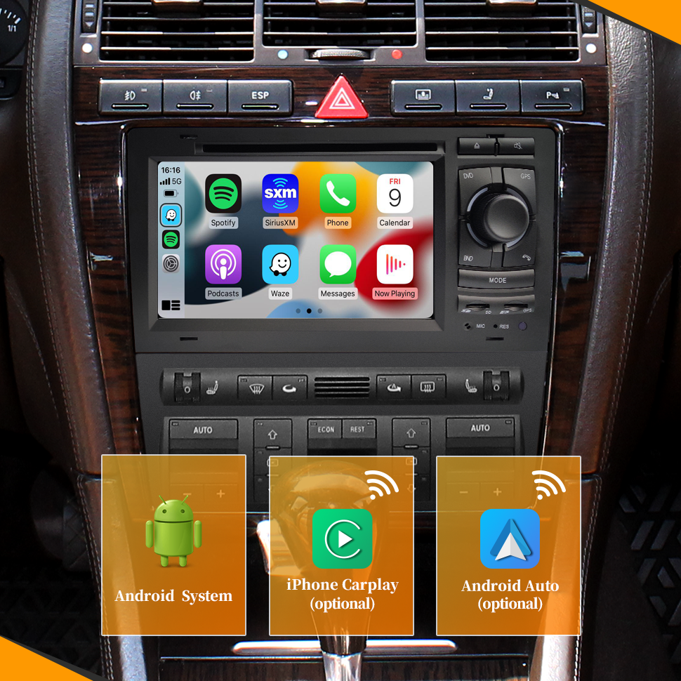 Audi A8 S8 D2 Car Stereo Dash Kit Head Unit Double Din 1993-2003 7 inch Touch Screen Radio Apple CarPlay & Android Auto GPS Navigation Bluetooth Backup Camera Aftermarket Head Unit Google Maps 4G Wi-Fi wit-up carplayergps