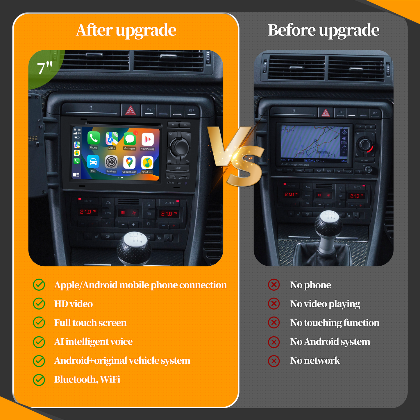Wit-Up Audi A4 Head Unit Upgrade Double Din Dash Kit B6 B7 7'' 2002-2008 Radio Apple Carplay Touch Screen Replacement Android Auto Stereo With BT DVD YouTube Video Google Maps Navigation 4G Wi-Fi