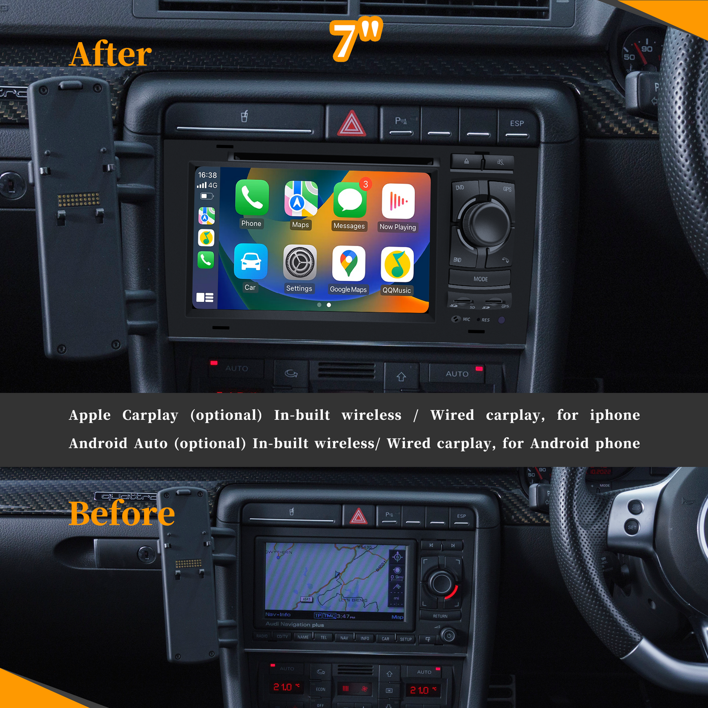 Wit-Up Audi A4 Head Unit Upgrade Double Din Dash Kit B6 B7 7'' 2002-2008 Radio Apple Carplay Touch Screen Replacement Android Auto Stereo With BT DVD YouTube Video Google Maps Navigation 4G Wi-Fi