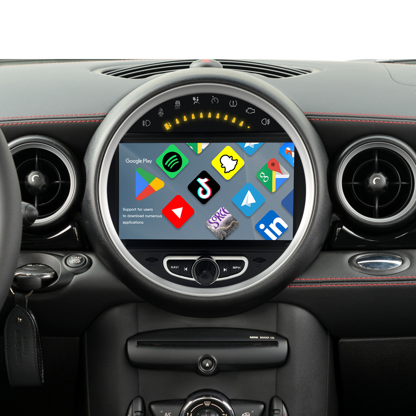 Wit-up Mini Cooper R60 Apple CarPlay Upgrade 8-inch Android Touch Screen Wireless Android Auto Spotify Navigation Vehicle Cameras Download Android Apps Games Music Movies TV Receive Calls Via Bluetooth Video Reddit Game Facebook Tiktok YouTube