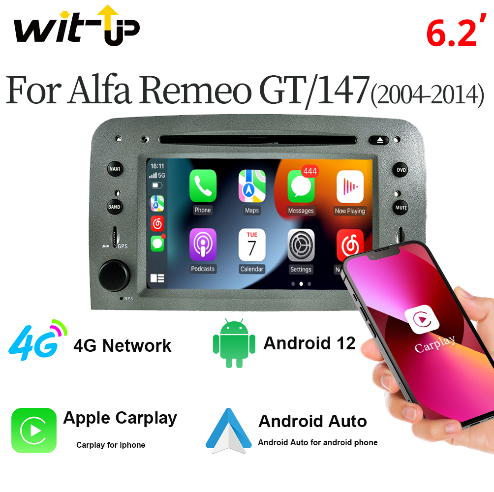 Wit-Up Alfa Romeo 147 Android Radio Autoradio For 147/GT Head Unit Upgrade Installation Replacement 2004-2014 Double Din Bluetooth Apple CarPlay Android Auto GPS Navigation Multimedia DVD player - Wit-Up Media Refit Tech
