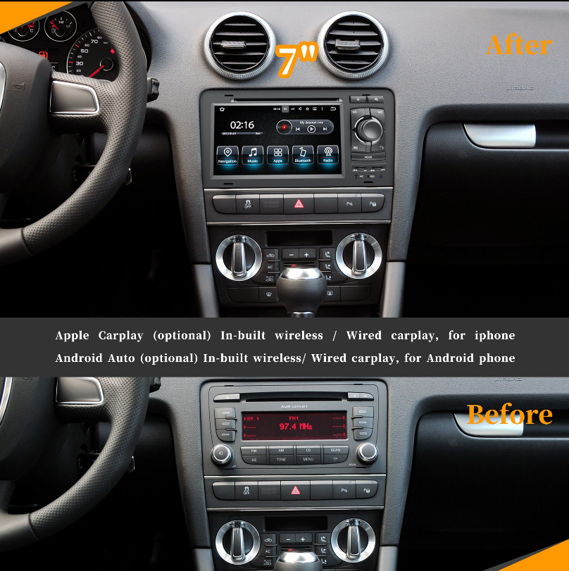 Best Audi A3 Android Stereo Upgrade Bluetooth 2 Din Cash Kit For S3 RS3 8P (2003-2013) 7 inch Touch Screen Aftermarket GPS Navigation 4G Wi-Fi Spotify Movies YouTube With Bluetooth Music Wit-Up Media Refit Tech