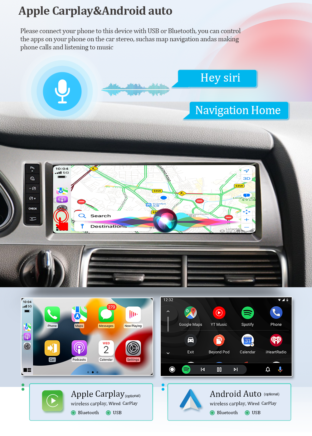 Wit-Up Head Unit Car Stereo For Audi Q7 4L MMI 2005-2015 10.25 inch Touch Screen Radio Apple CarPlay & Android Auto GPS Navigation Bluetooth Backup Camera Aftermarket Google Maps 4G Wi-Fi