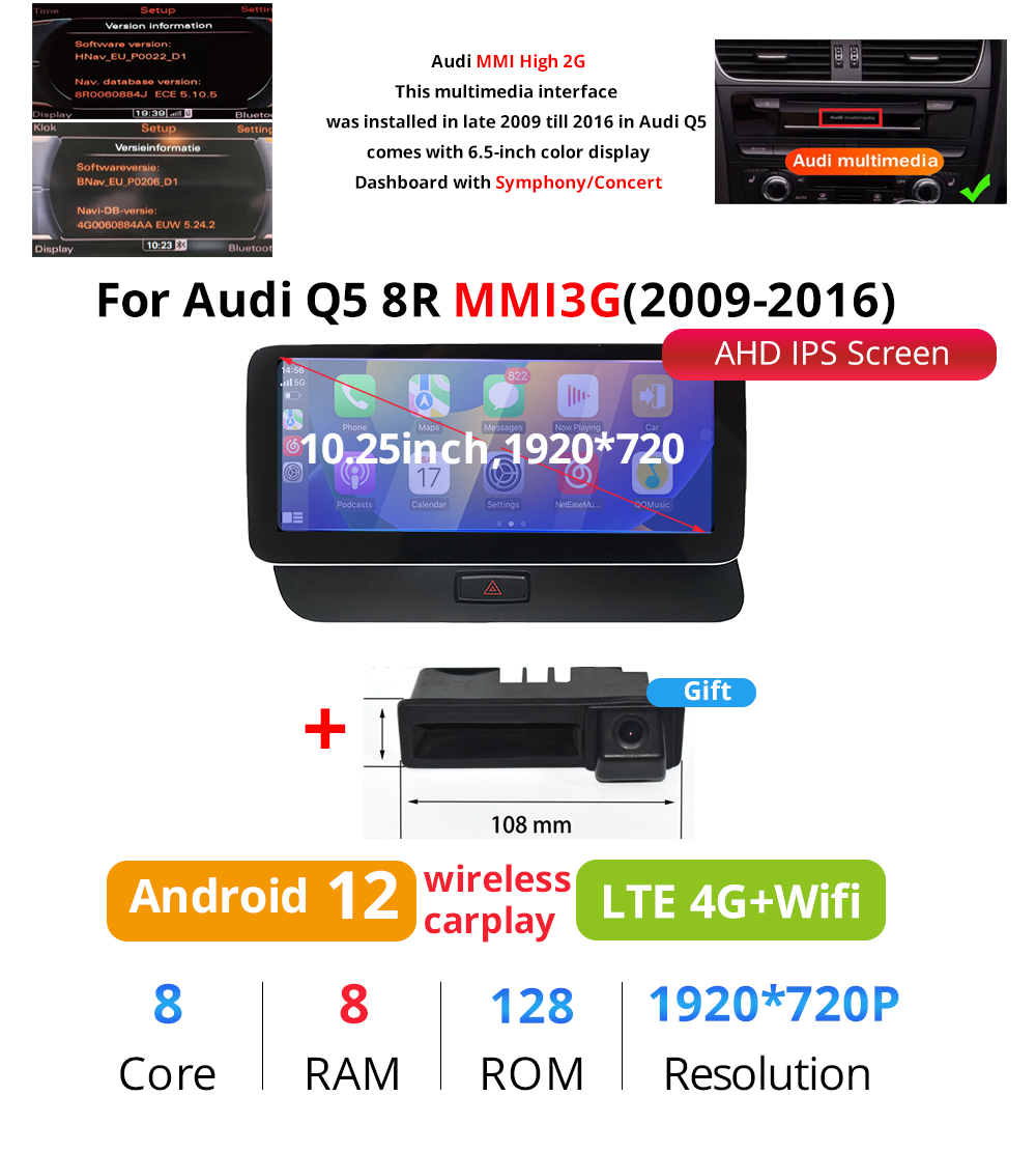Wit-Up Audi Q5 Android Head Unit Radio Upgrade 8R 10.25" Touchscreen GPS Navi Autoradio Stereo Wireless Carplay Youtube Apply Carplay Mirroring Wired Android 13 2009 2010 2011 2012 2013 2014 2015 2016 2017 - Wit-Up Media Refit Tech
