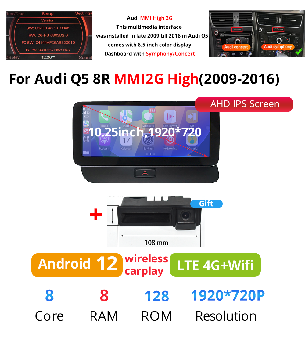 Wit-Up Audi Q5 Android Head Unit Radio Upgrade 8R 10.25" Touchscreen GPS Navi Autoradio Stereo Wireless Carplay Youtube Apply Carplay Mirroring Wired Android 13 2009 2010 2011 2012 2013 2014 2015 2016 2017