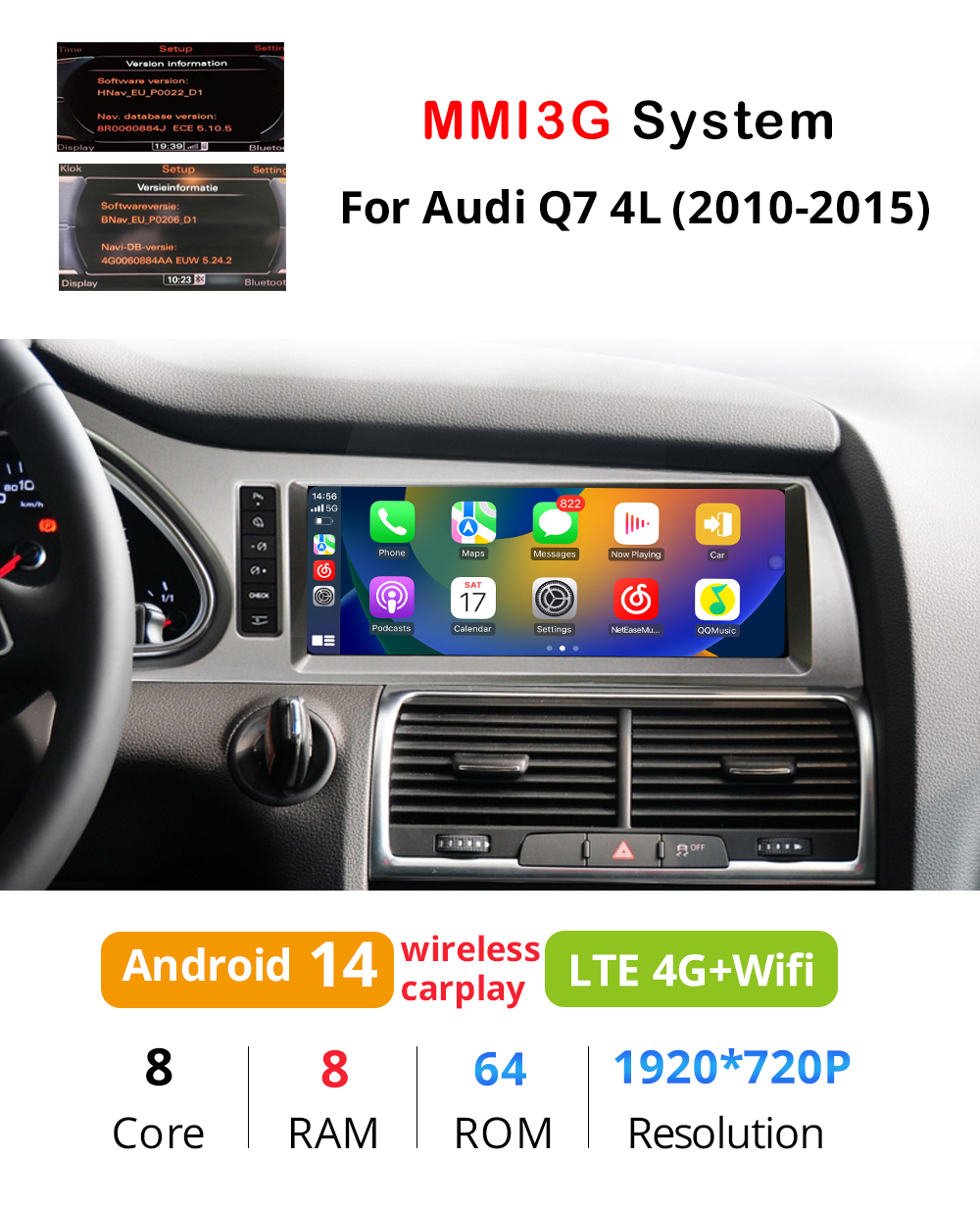 Wit-Up Head Unit Car Stereo For Audi Q7 4L MMI 2005-2015 10.25 inch Touch Screen Radio Apple CarPlay & Android Auto GPS Navigation Bluetooth Backup Camera Aftermarket Google Maps 4G Wi-Fi