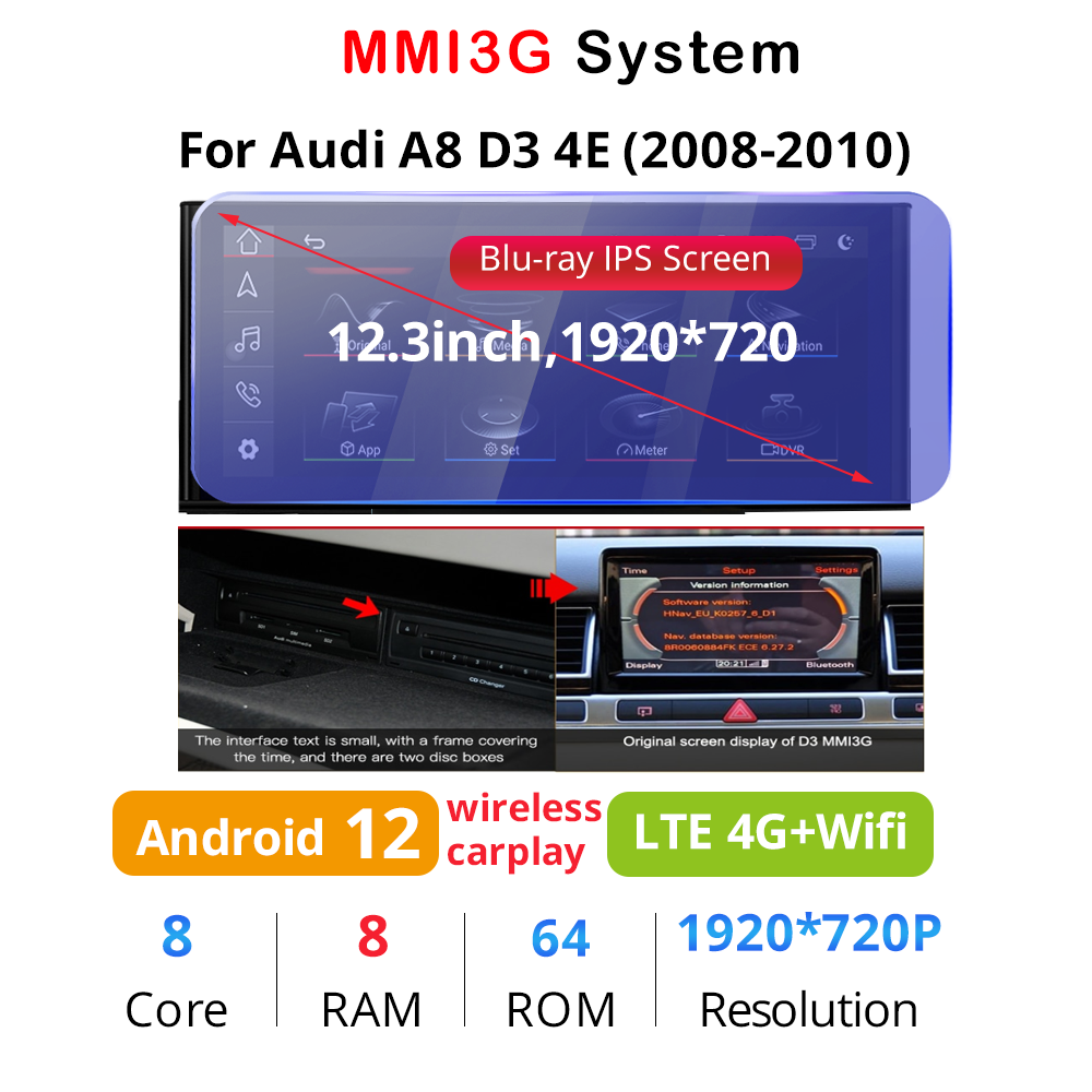 Wit-Up Android Head Unit Car Stereo For Audi A8 S8 D3 D4 2002-2018 12.3 inch Touch Screen Radio Apple CarPlay & Android Auto GPS Navigation Bluetooth Backup Camera Aftermarket Google Maps 4G Wi-Fi - Wit-Up Media Refit Tech