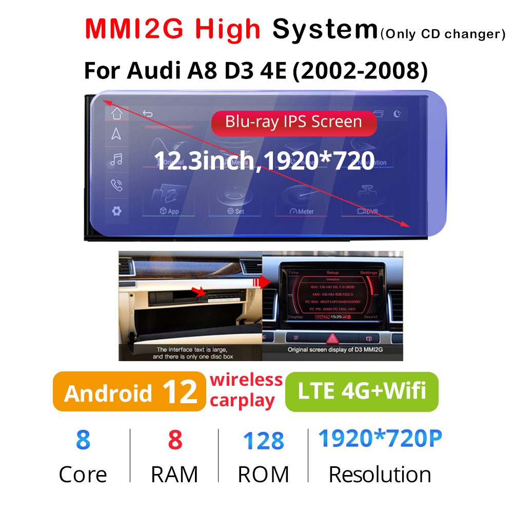 Wit-Up Android Head Unit Car Stereo For Audi A8 S8 D3 D4 2002-2018 12.3 inch Touch Screen Radio Apple CarPlay & Android Auto GPS Navigation Bluetooth Backup Camera Aftermarket Google Maps 4G Wi-Fi - Wit-Up Media Refit Tech