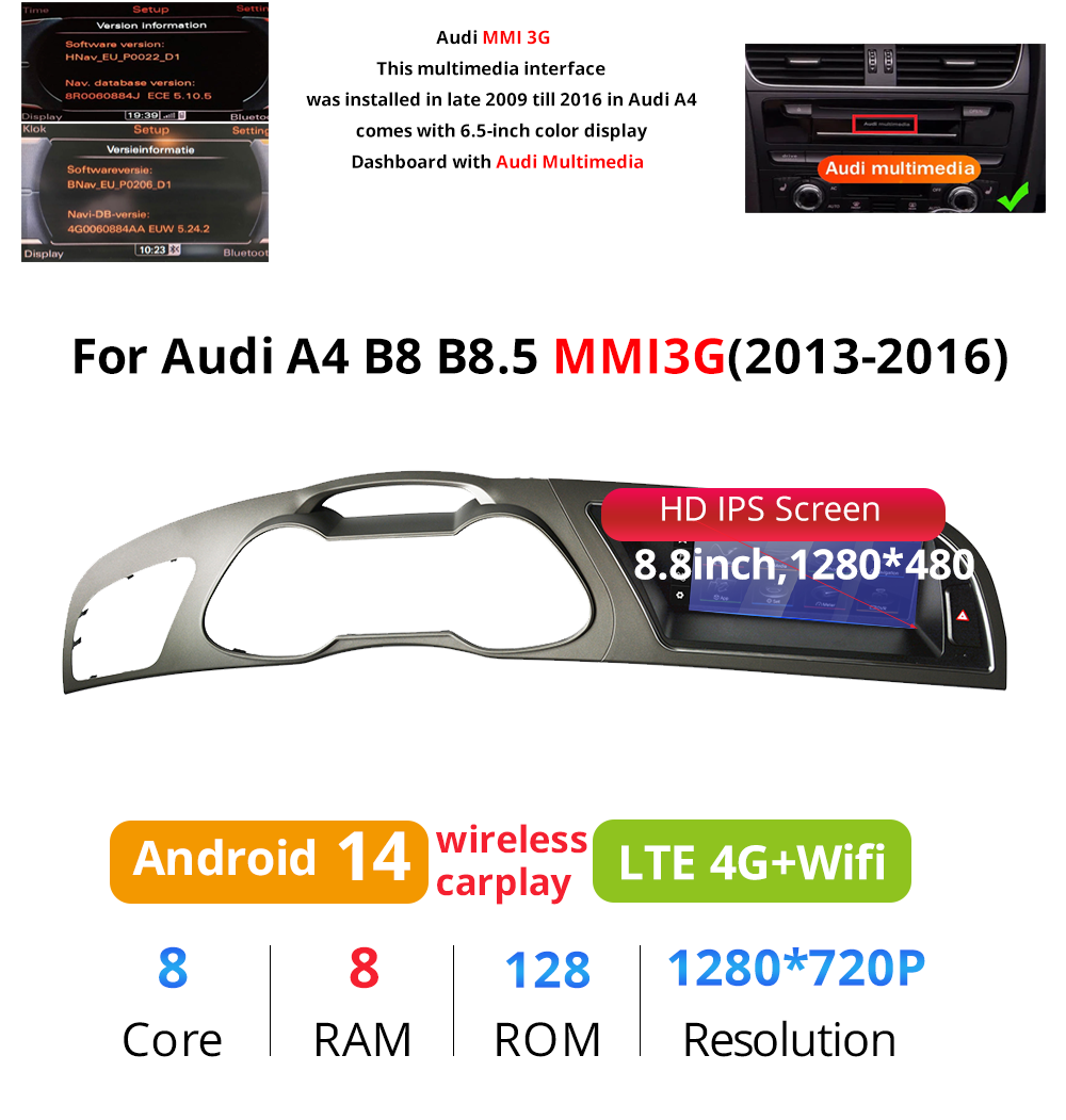 Wit-Up 8.8" Touchscreen For Audi A4 A5 MMI 2009-2016 GPS Navi Autoradio Stereo Carplay Android 14.0 Aftermarket Radio - Wit-Up Media Refit Tech
