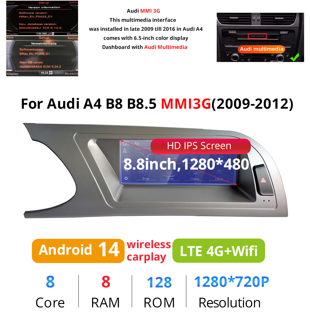 Best Audi A4 A5 MMI 8.8" Touchscreen Upgrade Autoradio Car Radio Stereo GPS Navigation Wireless Apple Carplay Android 14 Head Unit Aftermarket Youtube Wired Netflix Multimedia Game Google Map 2009-2016