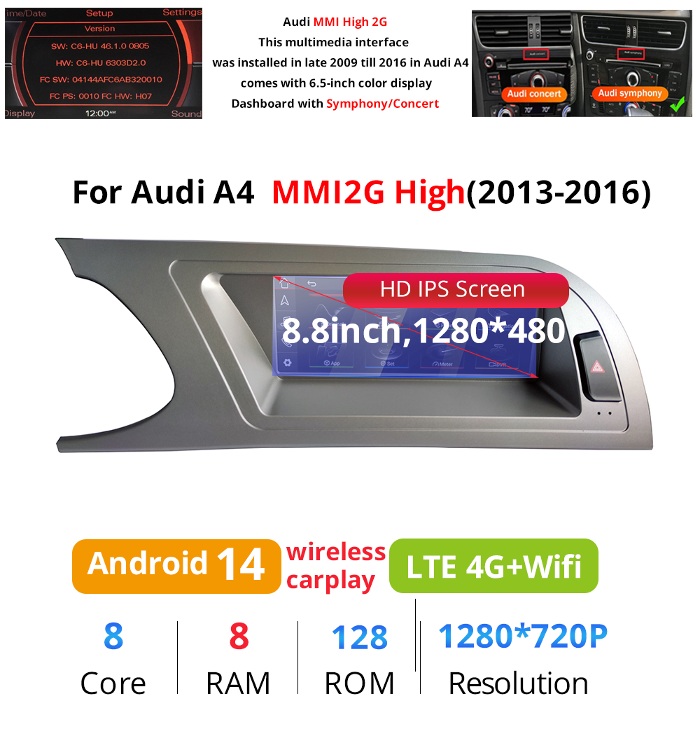 Best Audi A4 A5 MMI 8.8" Touchscreen Upgrade Autoradio Car Radio Stereo GPS Navigation Wireless Apple Carplay Android 14 Head Unit Aftermarket Youtube Wired Netflix Multimedia Game Google Map 2009-2016