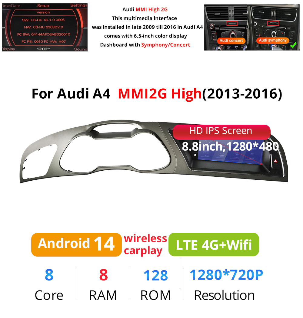 Wit-Up 8.8" Touchscreen For Audi A4 A5 MMI 2009-2016 GPS Navi Autoradio Stereo Carplay Android 14.0 Aftermarket Radio - Wit-Up Media Refit Tech