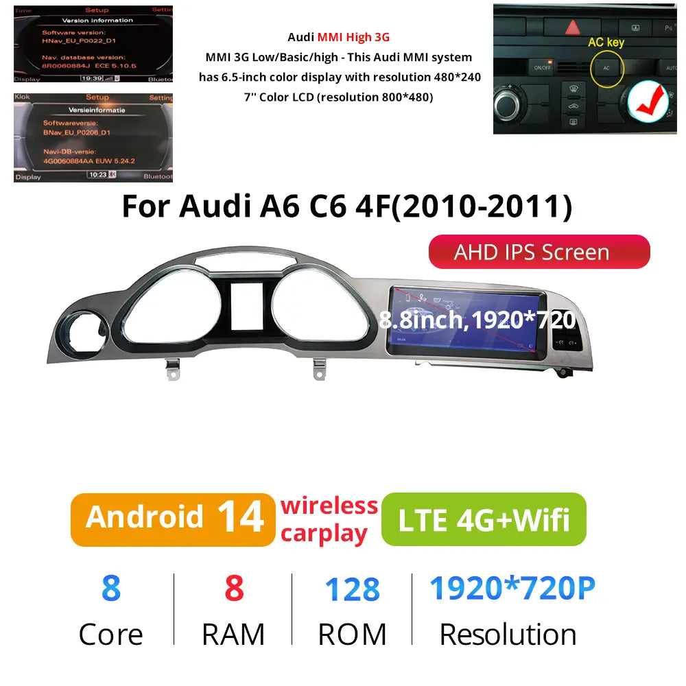 Audi A6 C6 Android Head Unit Audio Upgrade 8.8 Inch Touch Screen Apple CarPlay Andriod Auto Netflix WiFi Android13 2003 2004 2005 2006 2007 2008 2009 2010 2011 - Wit-Up Media Refit Tech