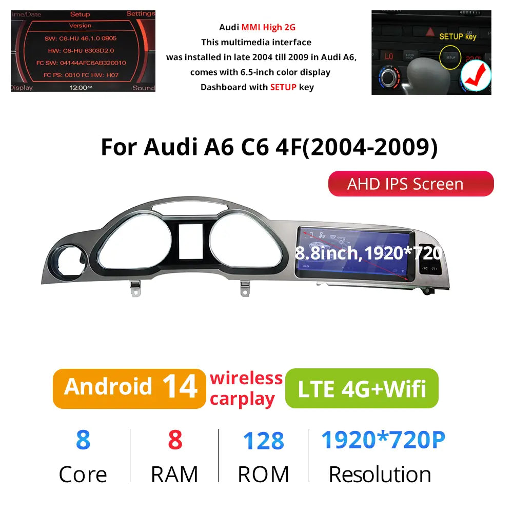 Audi A6 C6 Android Head Unit Audio Upgrade 8.8 Inch Touch Screen Apple CarPlay Andriod Auto Netflix WiFi Android13 2003 2004 2005 2006 2007 2008 2009 2010 2011 - Wit-Up Media Refit Tech
