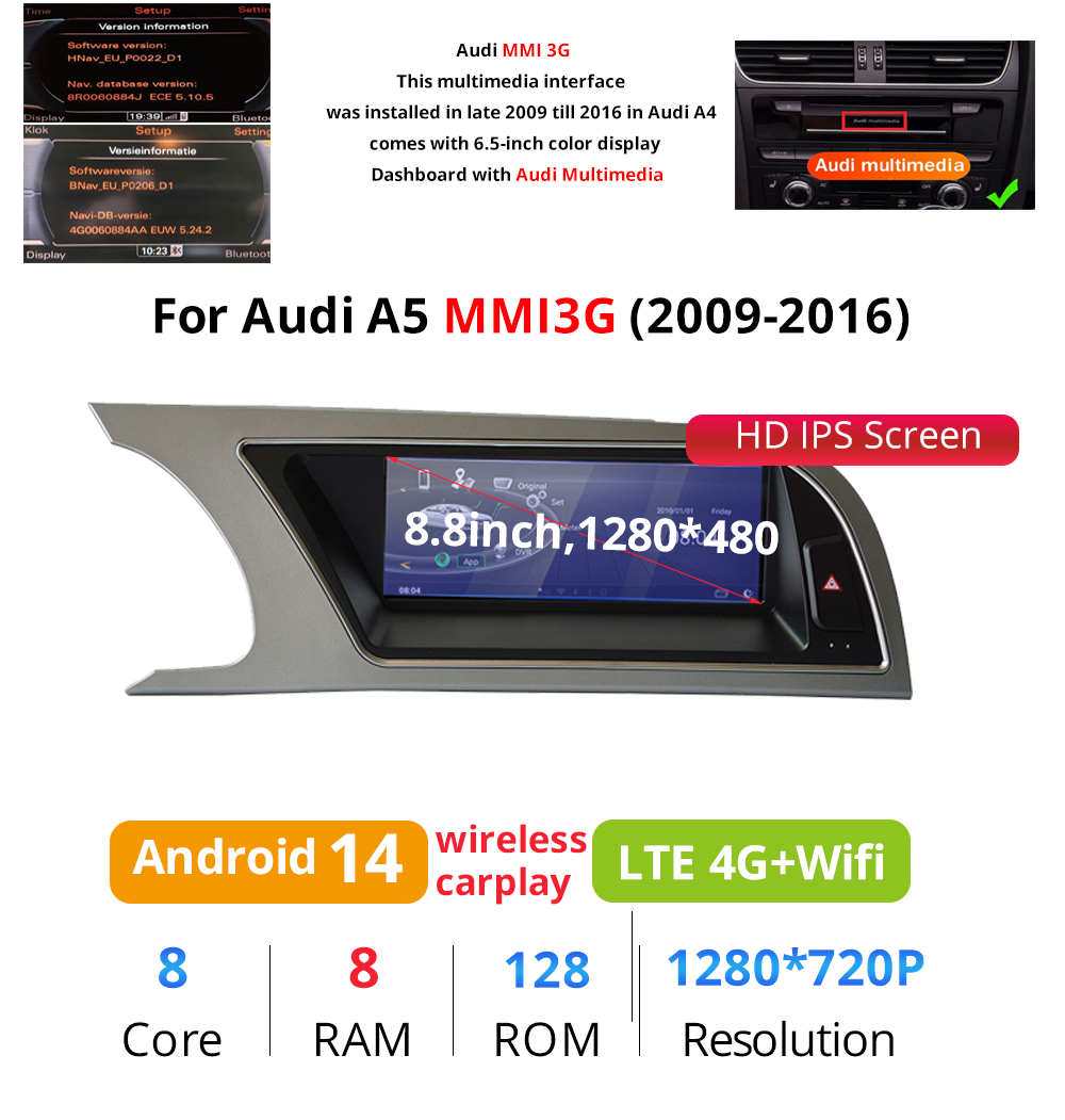 Wit-Up 8.8" Touchscreen For Audi A4 A5 MMI 2009-2016 GPS Navi Autoradio Stereo Carplay Android 14.0 Aftermarket Radio - Wit-Up Media Refit Tech