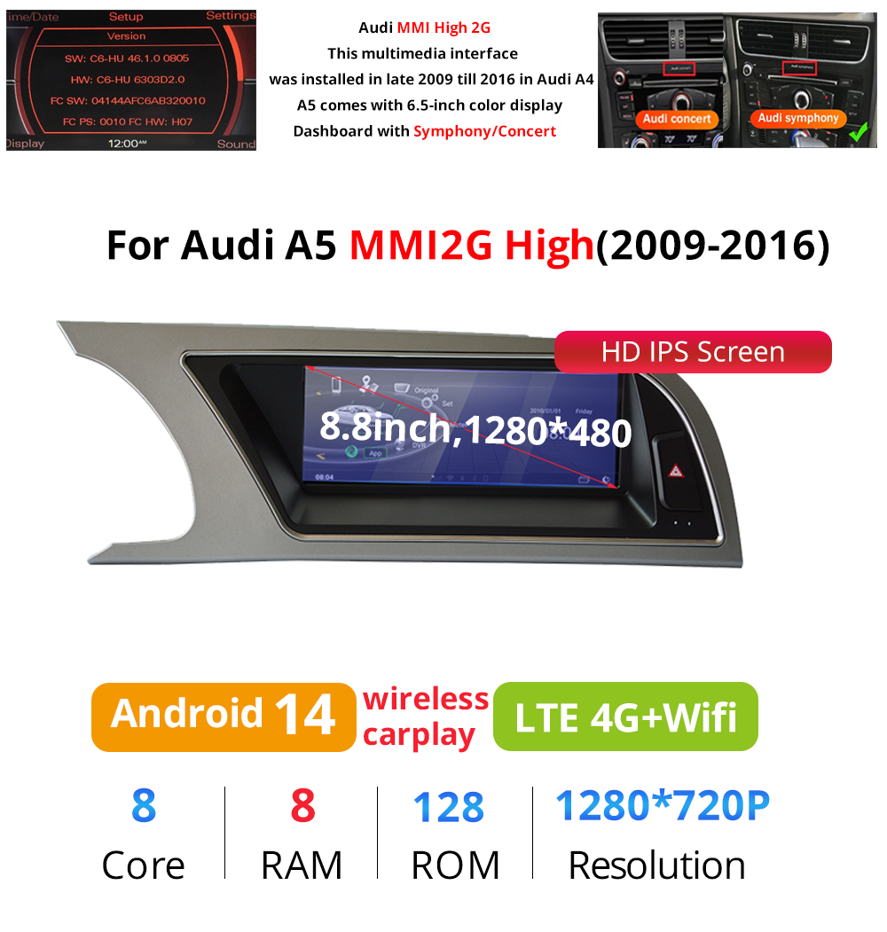 Best Audi A4 A5 MMI 8.8" Touchscreen Upgrade Autoradio Car Radio Stereo GPS Navigation Wireless Apple Carplay Android 14 Head Unit Aftermarket Youtube Wired Netflix Multimedia Game Google Map 2009-2016