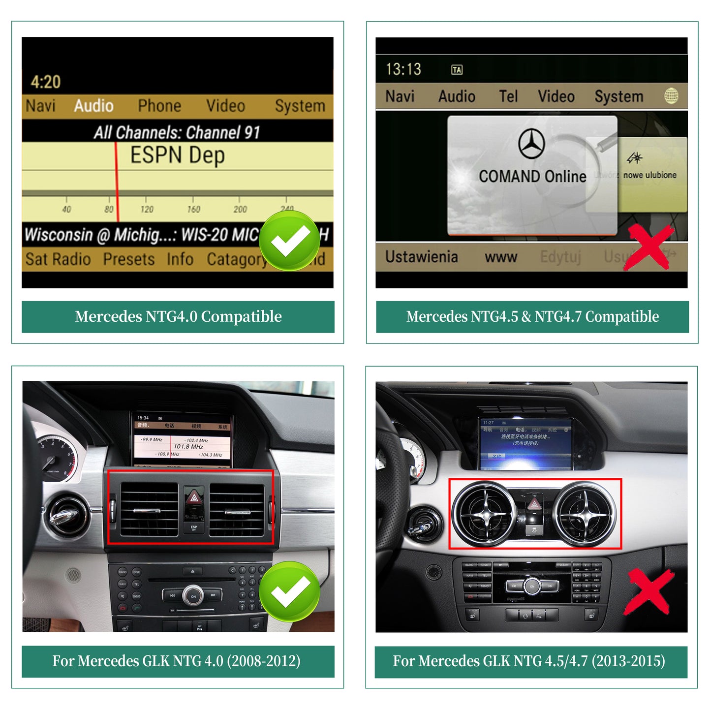 Mercedes GLK X204 NTG 4.0 install 7 inch Android Touch Screen Wireless Apple CarPlay Android Auto Split Screen Mode Samsung Phone Apps Mirror Full Screen Navigation Waze Netflix Spotify Backup Cameras