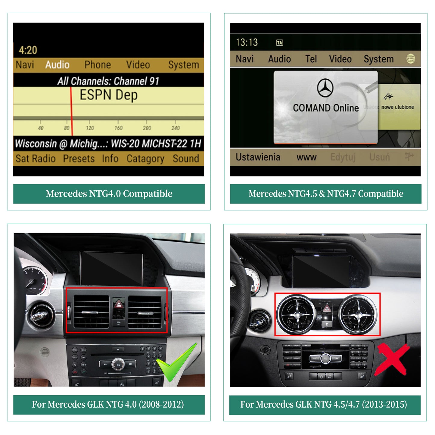 Mercedes GLK X204 NTG 4.0 Upgrade 10.25 Android Touch Screen Wireless Apple CarPlay Split Screen Mode Android Auto iPhone Apps Mirror Full Screen Navigation Google Maps Netflix Spotify Backup Cameras