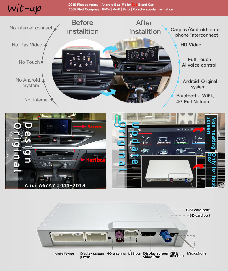 Wit-Up Android Stereo for Audi A6 A7 C7 MMI 2011-2018 10.25" Touchscreen GPS navi autoradio stereo wireless carplay Youtube Apply Carplay Mirroring Netflix Waze - Wit-Up Media Refit Tech