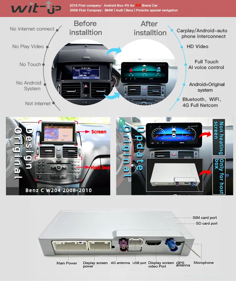 Wit-Up For Mercedes Benz C W204 2008-2010 10.25" Touch Screen Carplay Android 12 GPS Navi CarPlay Autoradio Car Stereo DVD Multimedia Player Auto GSP Wifi - Wit-Up Media Refit Tech