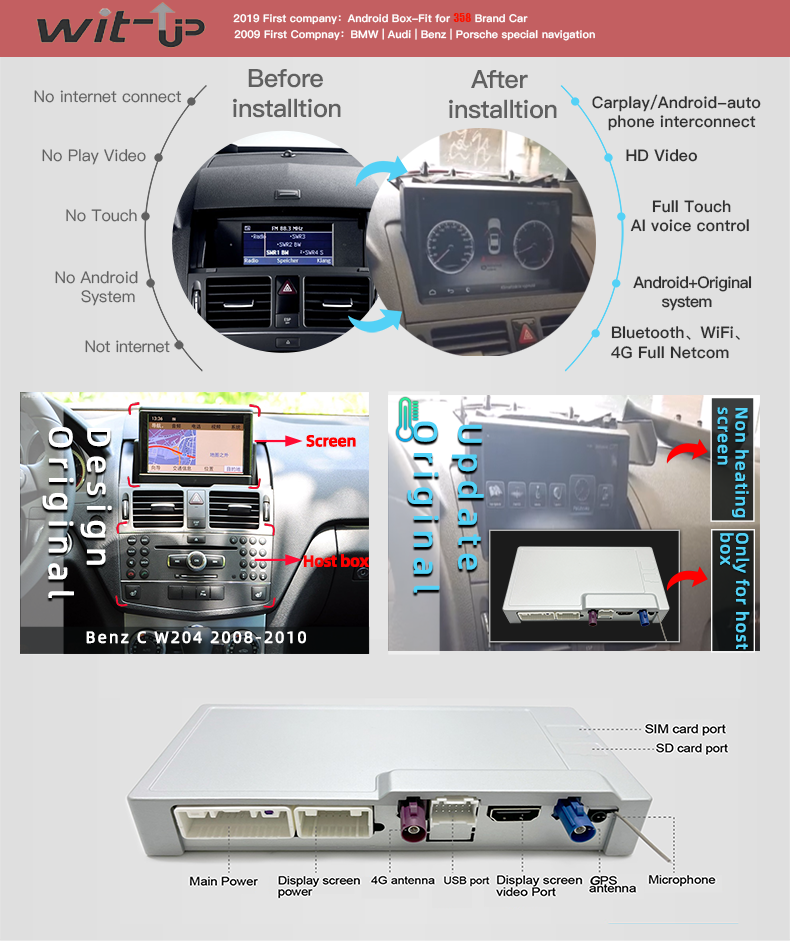 Wit-Up For Benz C W204 2007-2010 8" Touchscreen Android Aftermaket GPS Navi CarPlay Autoradio Car Stereo Multimedia - Wit-Up Media Refit Tech