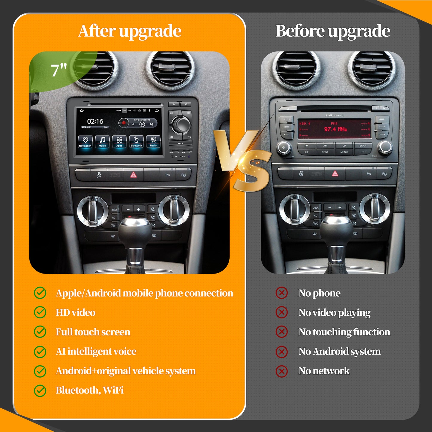 Wit-Up Audi A3 Car Radio Double Din Dash Kit  8P 8L 8Y Android Head Unit 2004-2011 Touch Screen Radio  Buletooth Apple Carpaly Aftermarket  double din Backup Cameras GPS Navigation Movies Music