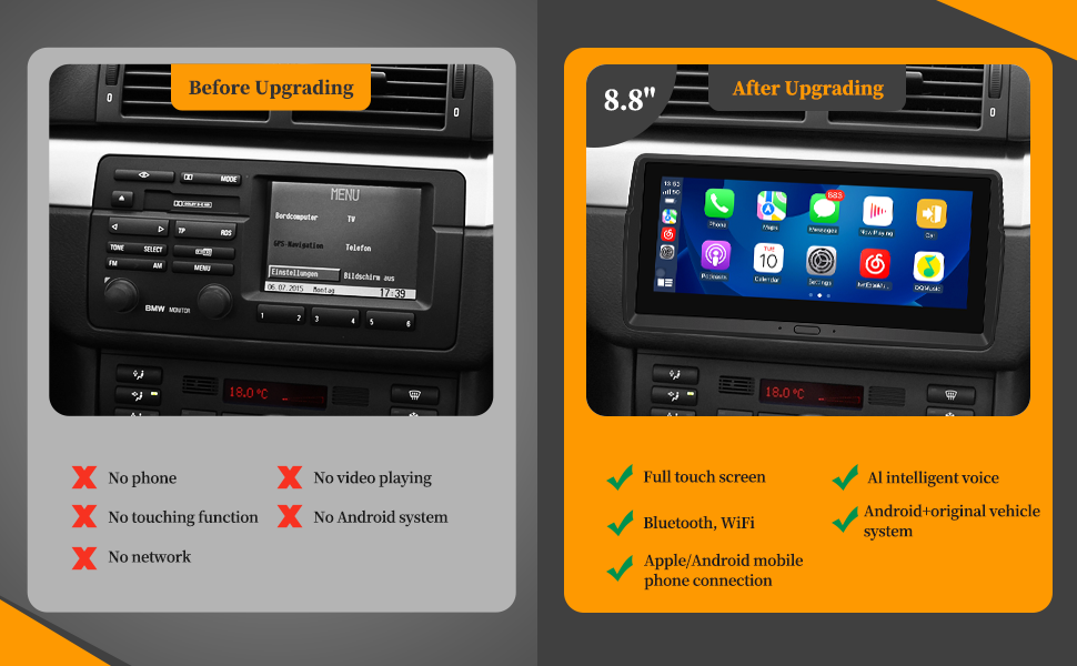 Wit-up for Android Head Unit Car Stereo For BMW E46 (1998-2005) BMW M3(1998-2005) Navigation Radio Upgrade Aftermarket Stereo Touch Screen Apple Carplay DVD Player 2 Din