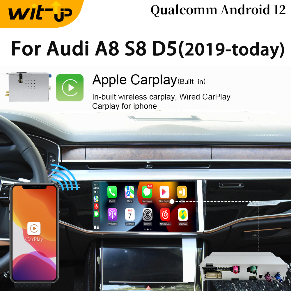 Wit-Up Audi Wireless Carplay Adapter For A8 S8 D5 2018-Today MIB3 System Upgrade Apple CarPlay Android Auto Navigation Bluetooth Music Touch Screen Spotify Access Apps Google Maps By Wi-Fi 4G Connect