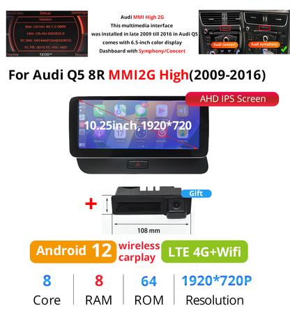 Wit-Up Audi Q5 Android Head Unit Radio Upgrade 8R 10.25" Touchscreen GPS Navi Autoradio Stereo Wireless Carplay Youtube Apply Carplay Mirroring Wired Android 13 2009 2010 2011 2012 2013 2014 2015 2016 2017