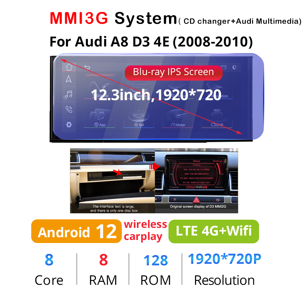Wit-Up Android Head Unit Car Stereo For Audi A8 S8 D3 D4 2002-2018 12.3 inch Touch Screen Radio Apple CarPlay & Android Auto GPS Navigation Bluetooth Backup Camera Aftermarket  Google Maps 4G Wi-Fi