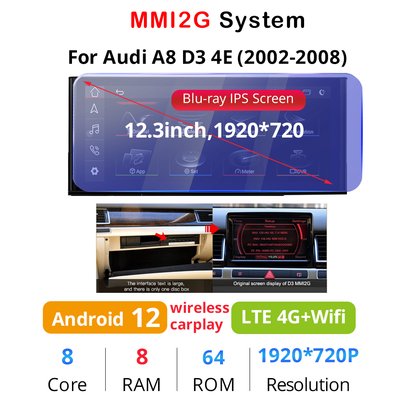 Wit-Up Android Head Unit Car Stereo For Audi A8 S8 D3 D4 2002-2018 12.3 inch Touch Screen Radio Apple CarPlay & Android Auto GPS Navigation Bluetooth Backup Camera Aftermarket  Google Maps 4G Wi-Fi