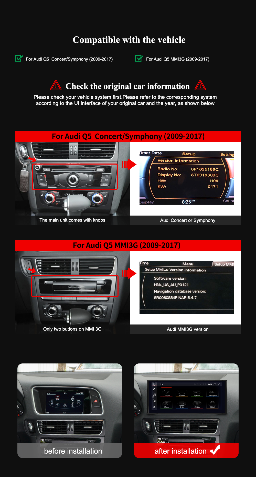 Wit-Up Audi Q5 8R (2009-2015) LHD MMI 12.3" Touchscreen GPS Navi Autoradio Stereo Carplay Youtube Apply Carplay AirPlay Mirroring Wired Android