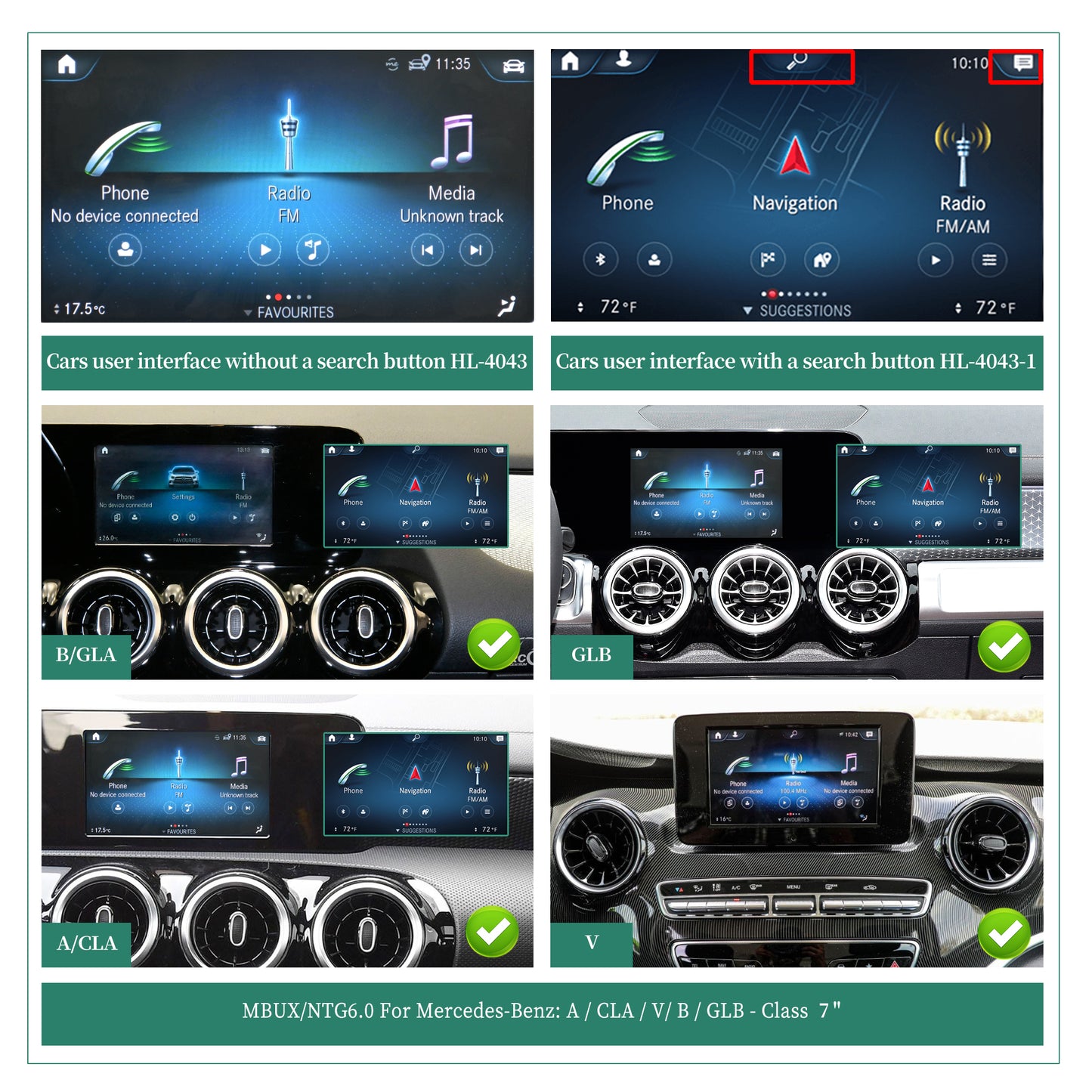 Android Auto AI Adapter for Mercedes V-Class MBUX W447 with 7 inch Touch Screen Add Wireless Apple CarPlay Full Screen Android 14 Apps Netflix Spotify Twitch TikTok Navigation