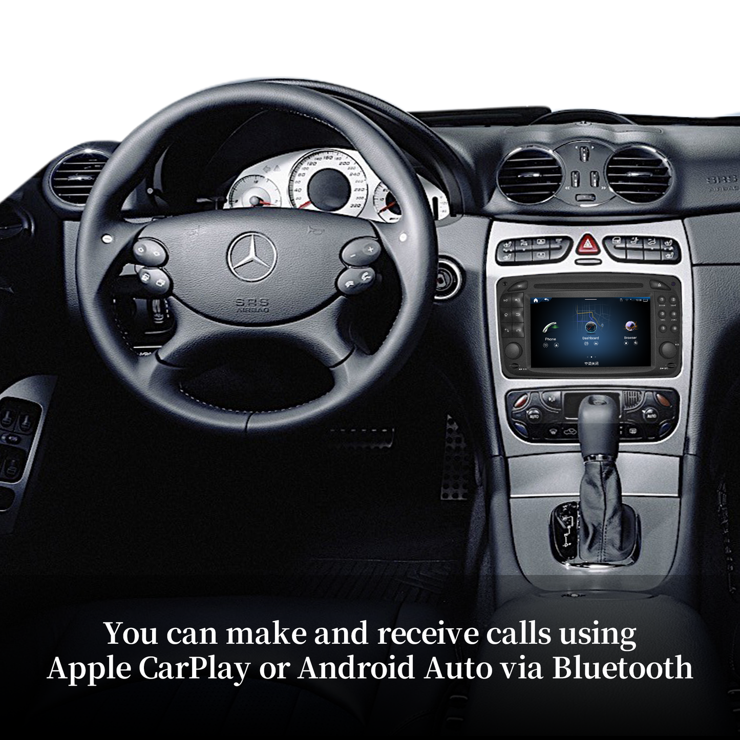 Wit-up Mercedes W203 S203 Radio Upgrade 6.2 Touch Screen Add Wireless Apple CarPlay Android Auto Android System GPS Navigation Google Maps Vehicle Cameras Bluetooth Calls AM FM DVD Netflix Spotify TikTok