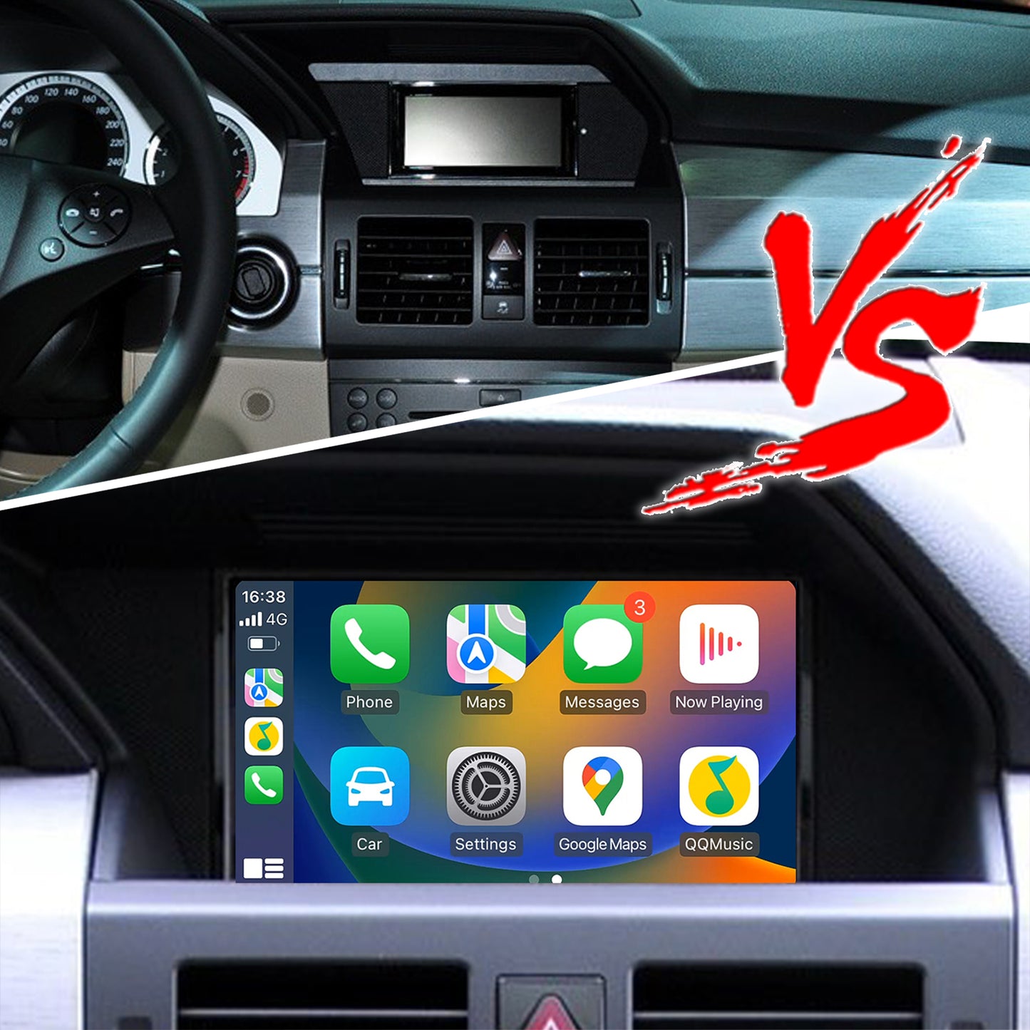 Mercedes GLK X204 NTG 4.0 install 7 inch Android Touch Screen Wireless Apple CarPlay Android Auto Split Screen Mode Samsung Phone Apps Mirror Full Screen Navigation Waze Netflix Spotify Backup Cameras