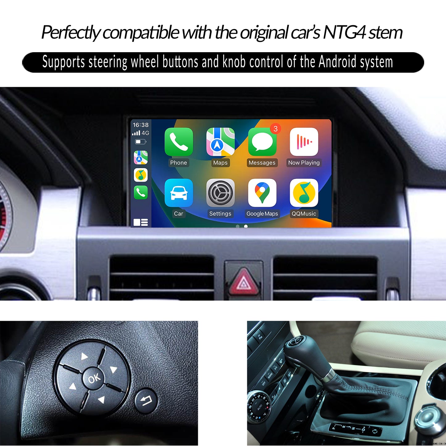 Mercedes GLK X204 NTG 4.0 install 7 inch Android Touch Screen Wireless Apple CarPlay Android Auto Split Screen Mode Samsung Phone Apps Mirror Full Screen Navigation Waze Netflix Spotify Backup Cameras