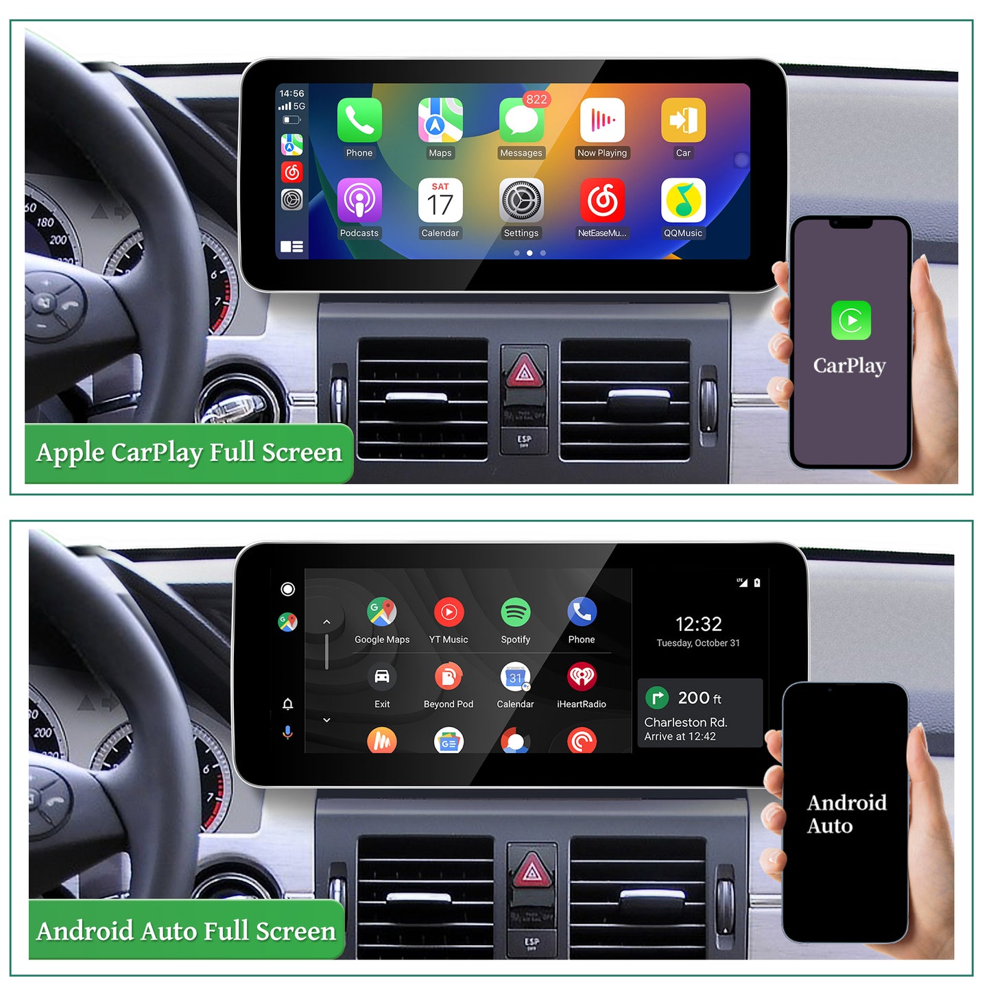 Mercedes GLK X204 NTG 4.0 Upgrade 12.3 Android Touch Screen Wireless Apple CarPlay Android Auto Split Screen Mode Samsung Phone Apps Mirror Full Screen Navigation Waze Netflix Spotify Backup Cameras